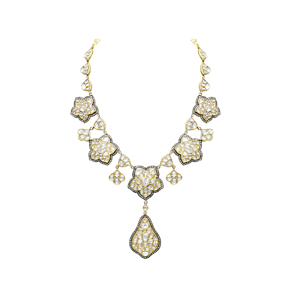 Victorian-Style Polki Necklace with Teardrop Pendant